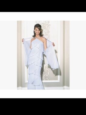 Daymor Couture Elegant Light Blue Tiered Evening Gown with Shawl